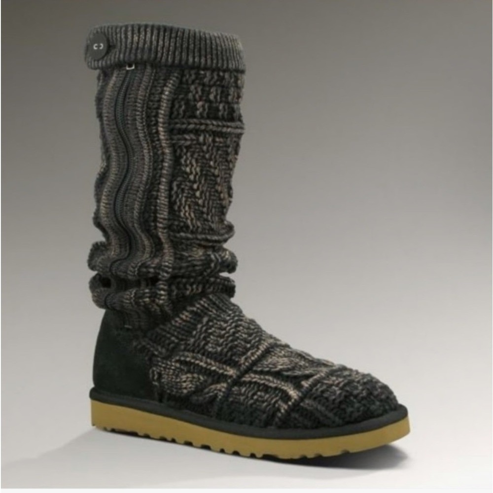 UGG Australia Patchwork Knit Lattice Cardy Charcoal Grey Tall Boots 1001020 Sz 7